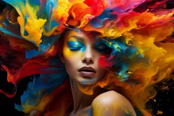 Close up of a young girl with paint on her face. Concept of creativity, art, painting. © lagano