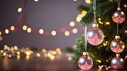 Fototapeta na wymiar Pink glass Christmas ornaments on the tree and golden fairy bulb lights