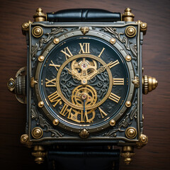 Watch movement and dial with hands close-up in a square retro watch