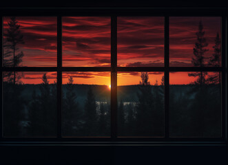 View from window at sunset overlooking peaceful forest and lake