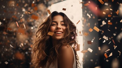 portrait of a beautiful joyful woman enjoy herself and smiling in falling shiny confetti, happy woman have fun on celebration background, with copy space.