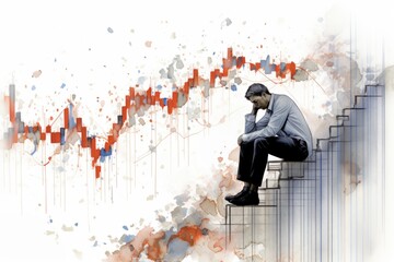 A businessman is horrified by the fall of the stock market, the fall and rise in share prices. Financial graph analysis concept - obrazy, fototapety, plakaty