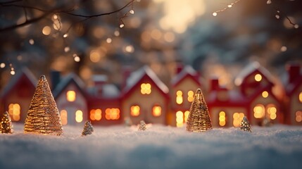 Miniature wooden houses on the snow over blurred Christmas decoration background, toned, postcard concept