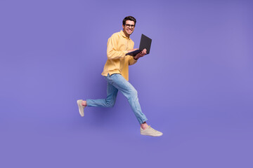 Full body length photo of running team leader programmer multitask manager much ideas jump use...