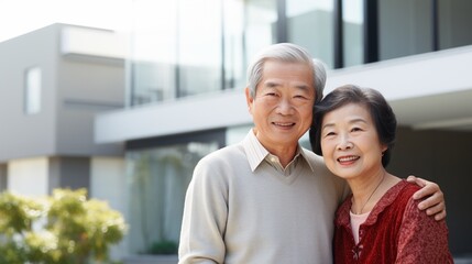 outdoor portrait of happy senior asian couple, outside of home yard, with copy space.