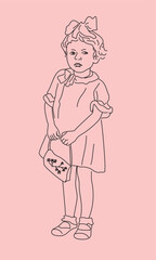 Drawing of a girl with a bag in her hands. Vector graphics, eps