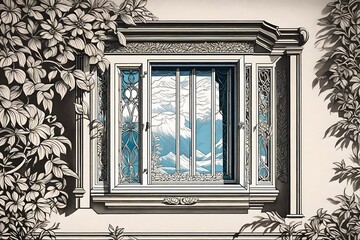 An elegant and classic illustration of an open window, showing a glimpse of nature, with intricate interior details
