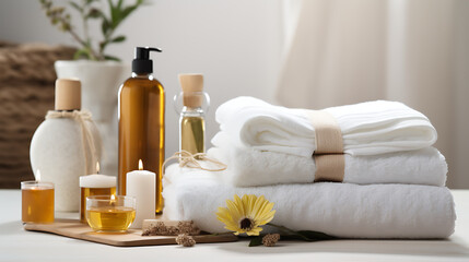 Towels with herbal bags and beauty treatment items setting in spa center in white room - obrazy, fototapety, plakaty