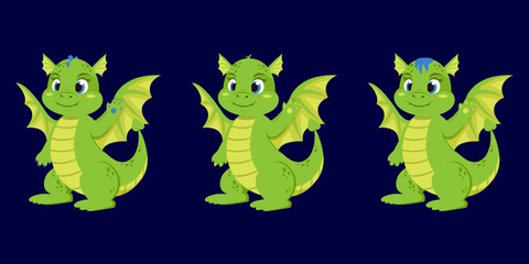 Obraz premium Three vector cute green dragons in cartoon style