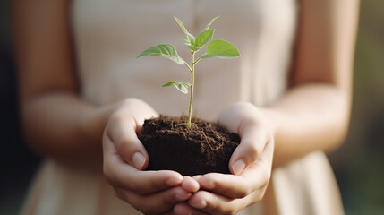 Taking care of the environment, close up hands of woman holding young plant sprout growing on earth in palm