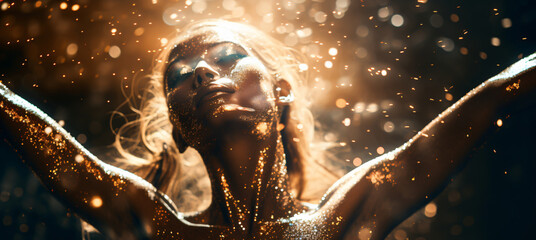 closeup Beautiful female model with golden glitter on her face in a party setting with elegant makeup - obrazy, fototapety, plakaty