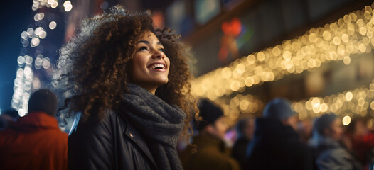 Obraz premium beautiful woman with afro hair very happy looking at the city lights celebrating new year's day