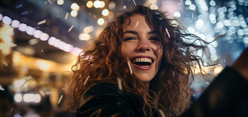 Fototapeta premium beautiful very happy woman dancing and enjoying the night on new year's day