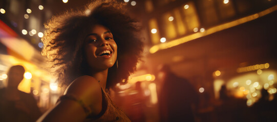 beautiful woman with afro hair very happy dancing and enjoying the night on new year's day - obrazy, fototapety, plakaty