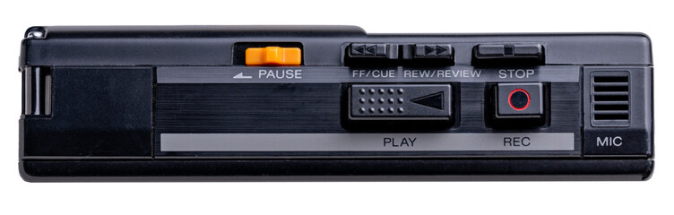 Closeup front view of a vintage tape cassette recorder and player