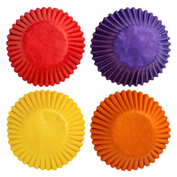 Colourful closeup pic of four cupcake paper baking cups