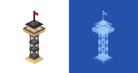 Concept with observation tower in isometric style for print and decoration. Vector illustration.