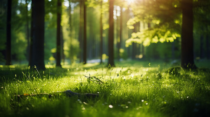 Summer Beautiful spring perfect natural landscape background, Defocused green trees in forest with wild grass and sun beams