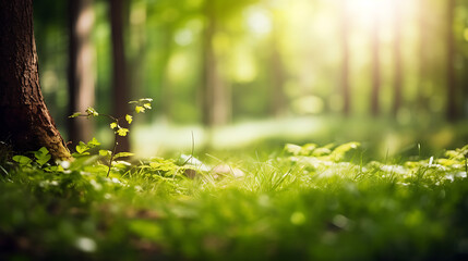 Summer Beautiful spring perfect natural landscape background, Defocused green trees in forest with wild grass and sun beams - obrazy, fototapety, plakaty