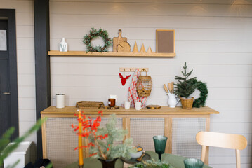 Scandinavian kitchen interior decorated for Christmas and New Year