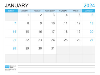 Calendar planner 2024 template- January 2024 year, week start on Sunday, Desk calendar 2024 design, simple and clean design, Wall calendar, Corporate design planner template vector