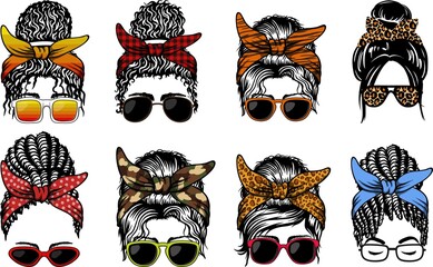 Beauty Woman In Messy Bun . Vector female faces in aviator sunglasses and bandanas with various themes.