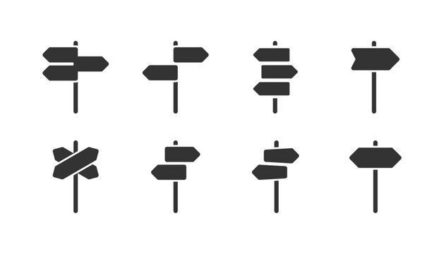 Signpost flat silhouette icon set, path direction arrow, route pointer, simple outline flat style vector illustration.