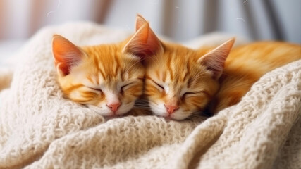 Cute ginger kittens sleeping on soft knitted plaid at home