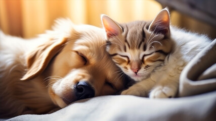 Cute golden retriever puppy sleeping with tabby cat on the bed.