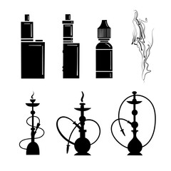 Vaporizers or electronic cigarettes and hookah set of black icons objects.