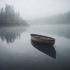  Serene Boat on Tranquil Lake Surrounded by Lush Green Trees in the Fog