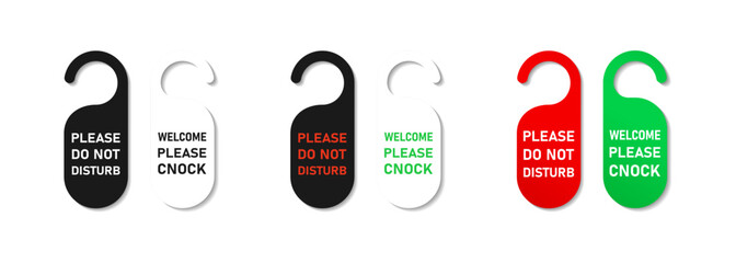 Set of please, do not disturb, welcome, cnock, door hanger colored in realistic style with shadows, hotel service, flat style vector illustration.
