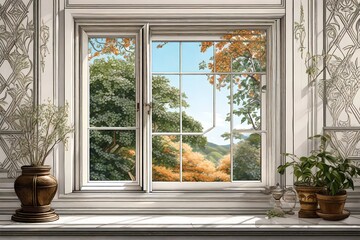 An elegant and classic illustration of an open window, showing a glimpse of nature, with intricate interior details