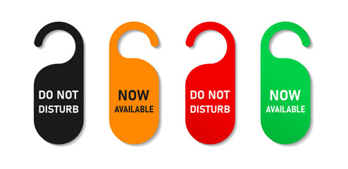 Please, do not disturb, now available, come in door hanger colored in realistic style with shadows, hotel service, flat style vector illustration.