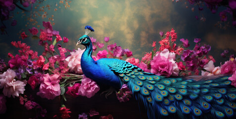 Fototapeta premium Colorful peacock on the background of pink sakura branches