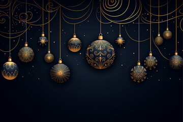 Christmas tree decorations background in outline style, festive new year greeting with gold snowflakes and balls in the shape of balls and ornaments merry christmas greeting