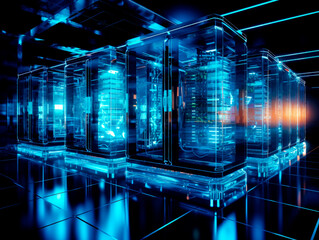 Data center in the dark with glowing servers. AI Generated