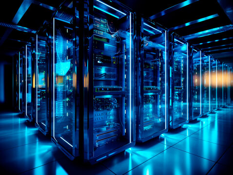 Data center in the dark with glowing servers. AI Generated - Powered by Adobe