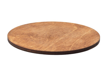 Wooden round brown tray top view. Wooden stand for hot. Isolated transparent on background....