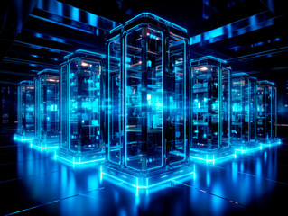 Data center in the dark with glowing servers. AI Generated