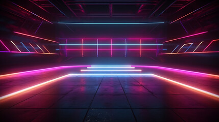 Fototapeta premium A 3D computer-generated backdrop featuring neon-hued illumination on a blackened concrete surface, resembling a sports arena.
