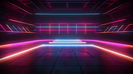 A 3D computer-generated backdrop featuring neon-hued illumination on a blackened concrete surface, resembling a sports arena.