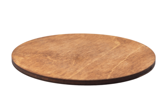 Wooden round brown tray top view. Wooden stand for hot. Isolated transparent on background. Close-up. PNG