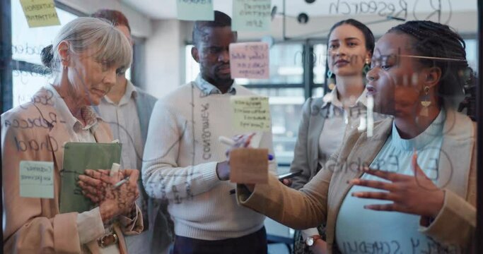 Planning, collaboration and glass with a business team in an office together for coaching or strategy. Meeting, teamwork and training with an employee group in a workshop for growth or development