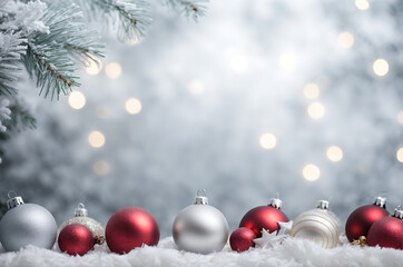 Christmas decorations background with snow and baubles bokeh lights