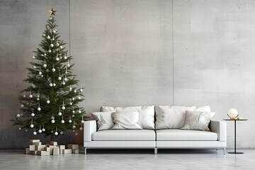 Minimalistic living room interior with white leather sofa and Christmas tree against a concrete wall