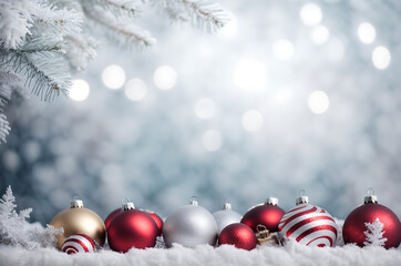 Christmas decorations background with snow and baubles bokeh lights