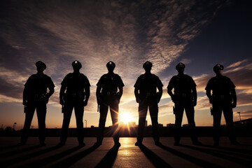 Group Of Police Officers Represented By Sunset Silhouette - obrazy, fototapety, plakaty