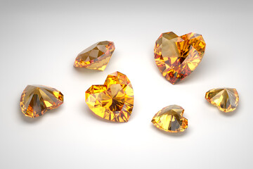 Scattering of topazes of different sizes on a white background. Exhibition of precious stones. Heart cut. 3d rendering.