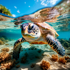 Naklejka na ściany i meble Sea turtles swims underwater. Underwater sea turtles. Sea turtles underwater scene. Sea turtle underwater closeup. AI Generated